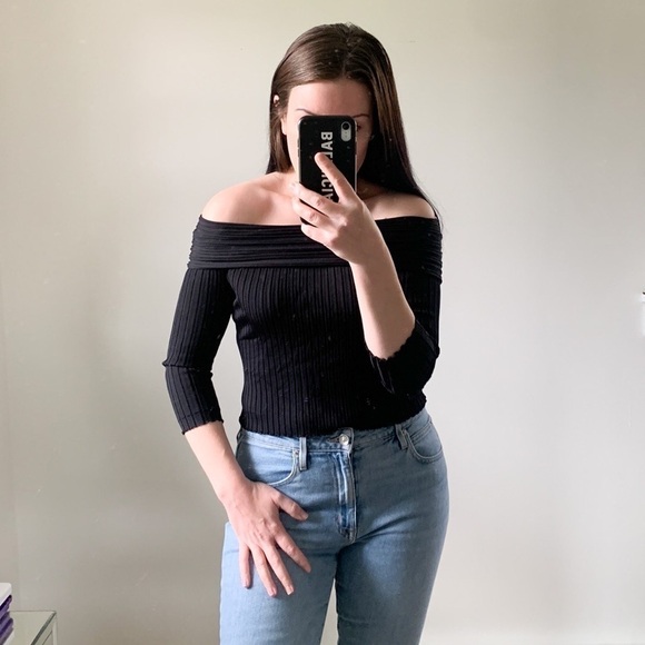 Zara Knit Black Off the shoulder Ribbed Cropped 3/4 Sleeve Top Small - Picture 1 of 10